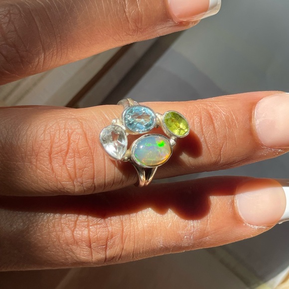925 Sterling Silver natural Multi-Stone Fire Opal Ring,Topaz Peridot, OS - Picture 4 of 13